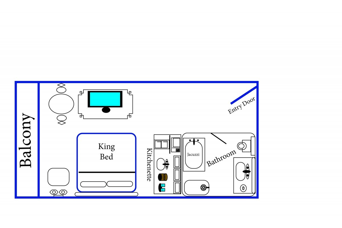 a drawing of a bedroom with a bed, desk and tv