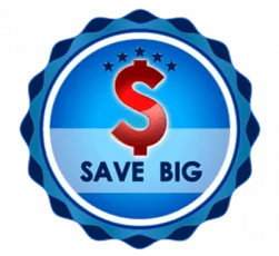 a blue seal with the words save big on it