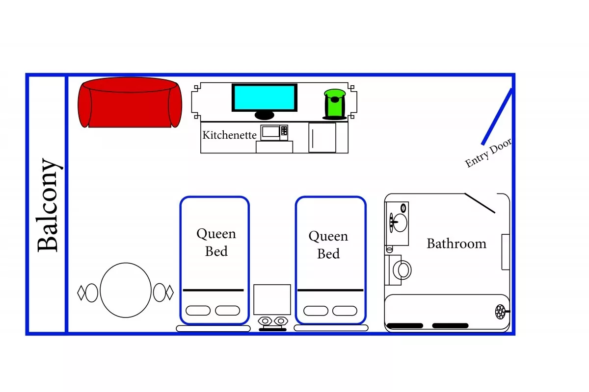 a drawing of a room with two beds and a couch